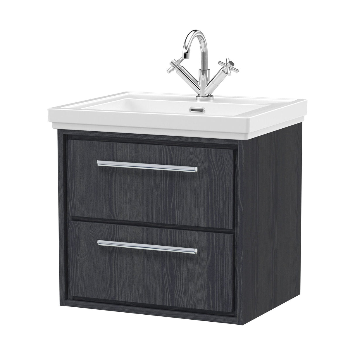 [BFIF2224A] Longnor 2 Drawer Wall Hung Vanity Unit with 1 Tap Hole Traditional Fireclay Basin, Woodgrain Graphite Grey, 600mm - Cutout