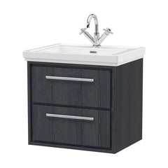[BFIF2224A] Longnor 2 Drawer Wall Hung Vanity Unit with 1 Tap Hole Traditional Fireclay Basin, Woodgrain Graphite Grey, 600mm - Cutout