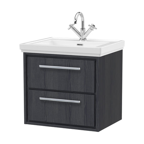 [BFIF2224A] Longnor 2 Drawer Wall Hung Vanity Unit with 1 Tap Hole Traditional Fireclay Basin, Woodgrain Graphite Grey, 600mm - Cutout