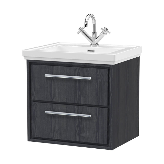 [BFIF2224A] Longnor 2 Drawer Wall Hung Vanity Unit with 1 Tap Hole Traditional Fireclay Basin, Woodgrain Graphite Grey, 600mm - Cutout