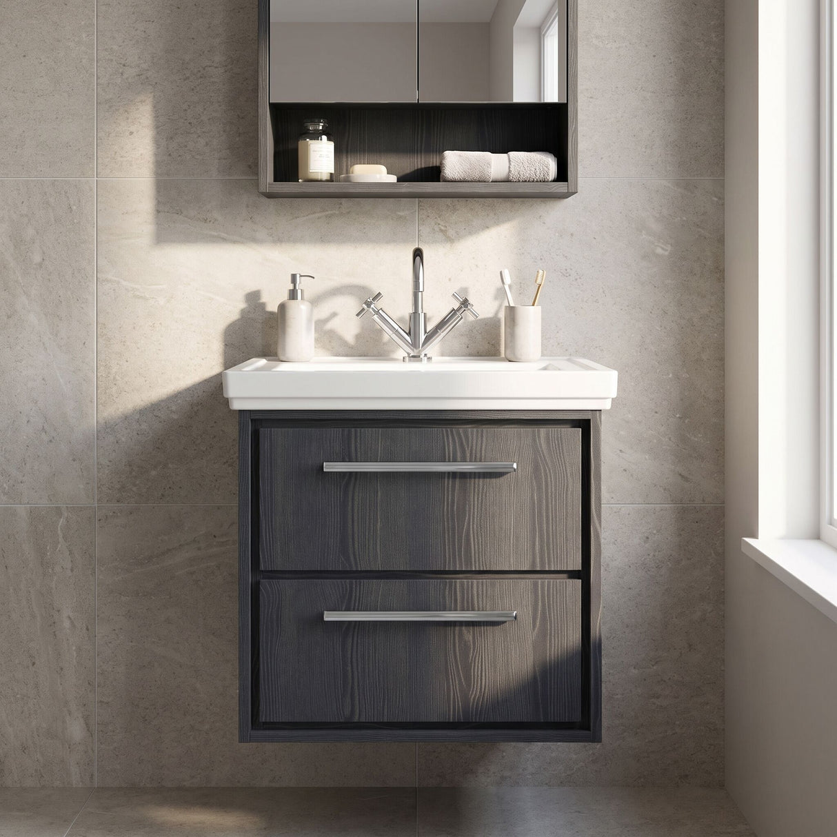 [BFIF2224A] Longnor 2 Drawer Wall Hung Vanity Unit with 1 Tap Hole Traditional Fireclay Basin, Choice of Size and Colour