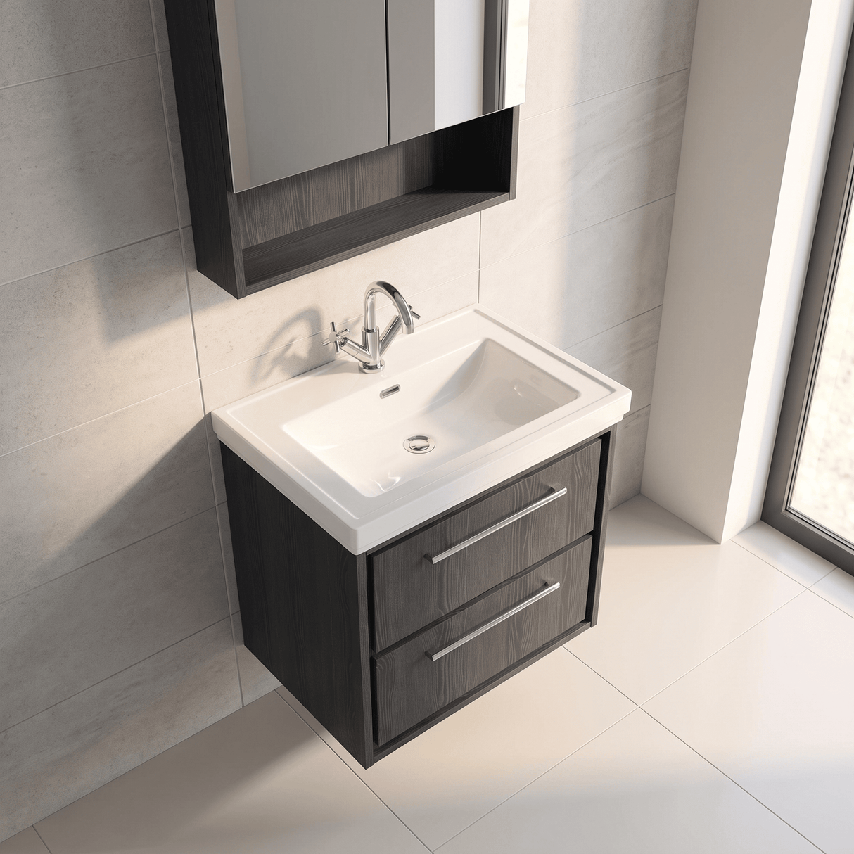 [BFIF2224A] Longnor 2 Drawer Wall Hung Vanity Unit with 1 Tap Hole Traditional Fireclay Basin, Choice of Size and Colour