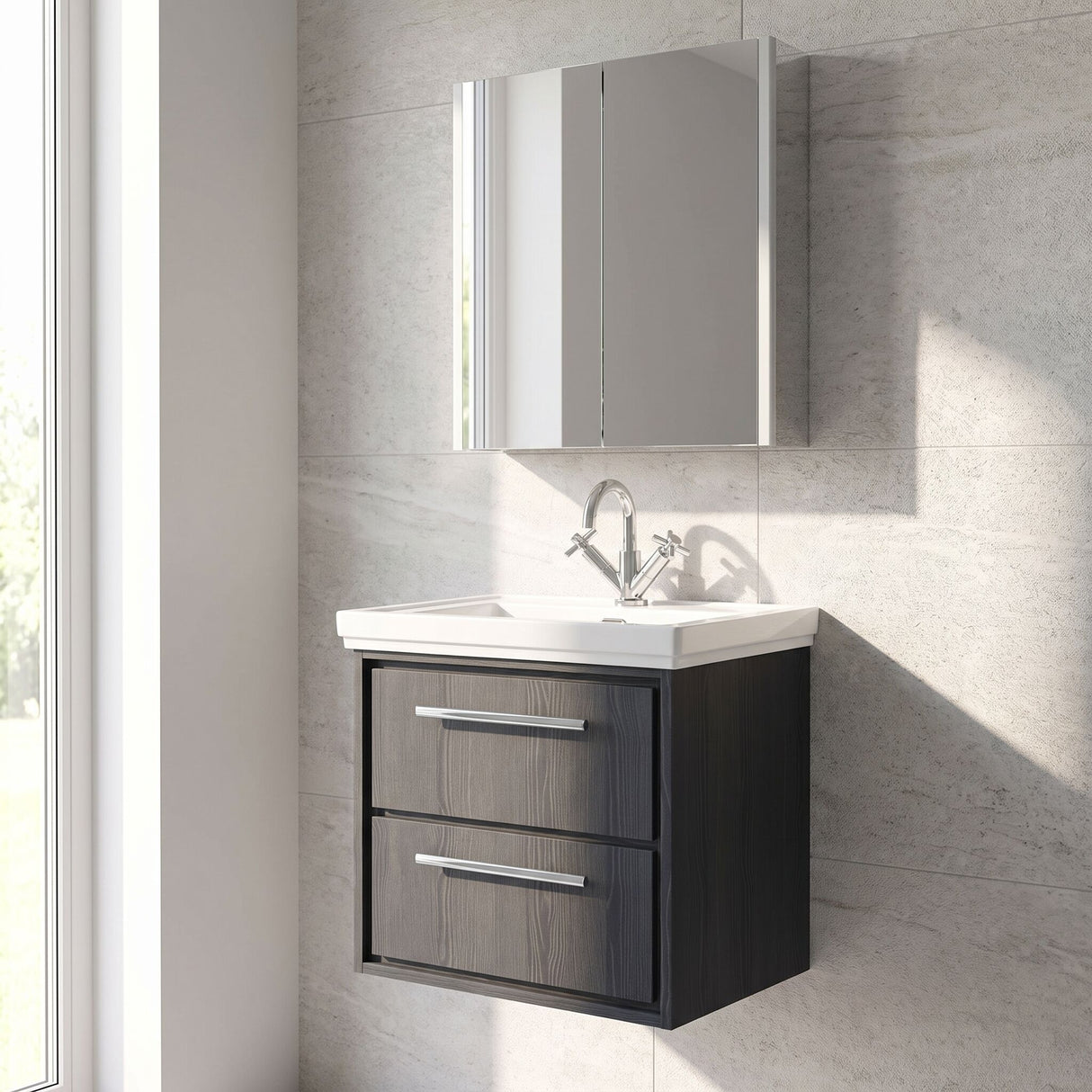 [BFIF2224A] Longnor 2 Drawer Wall Hung Vanity Unit with 1 Tap Hole Traditional Fireclay Basin, Choice of Size and Colour