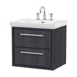 [BFIF2224B] Longnor 2 Drawer Wall Hung Vanity Unit with 3 Tap Hole Traditional Fireclay Basin, Woodgrain Graphite Grey, 600mm - Cutout