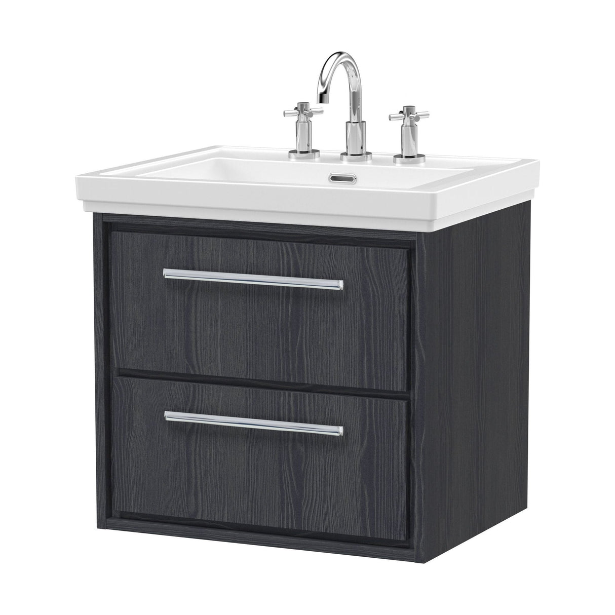 [BFIF2224B] Longnor 2 Drawer Wall Hung Vanity Unit with 3 Tap Hole Traditional Fireclay Basin, Woodgrain Graphite Grey, 600mm - Cutout