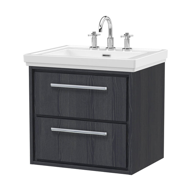 [BFIF2224B] Longnor 2 Drawer Wall Hung Vanity Unit with 3 Tap Hole Traditional Fireclay Basin, Woodgrain Graphite Grey, 600mm - Cutout