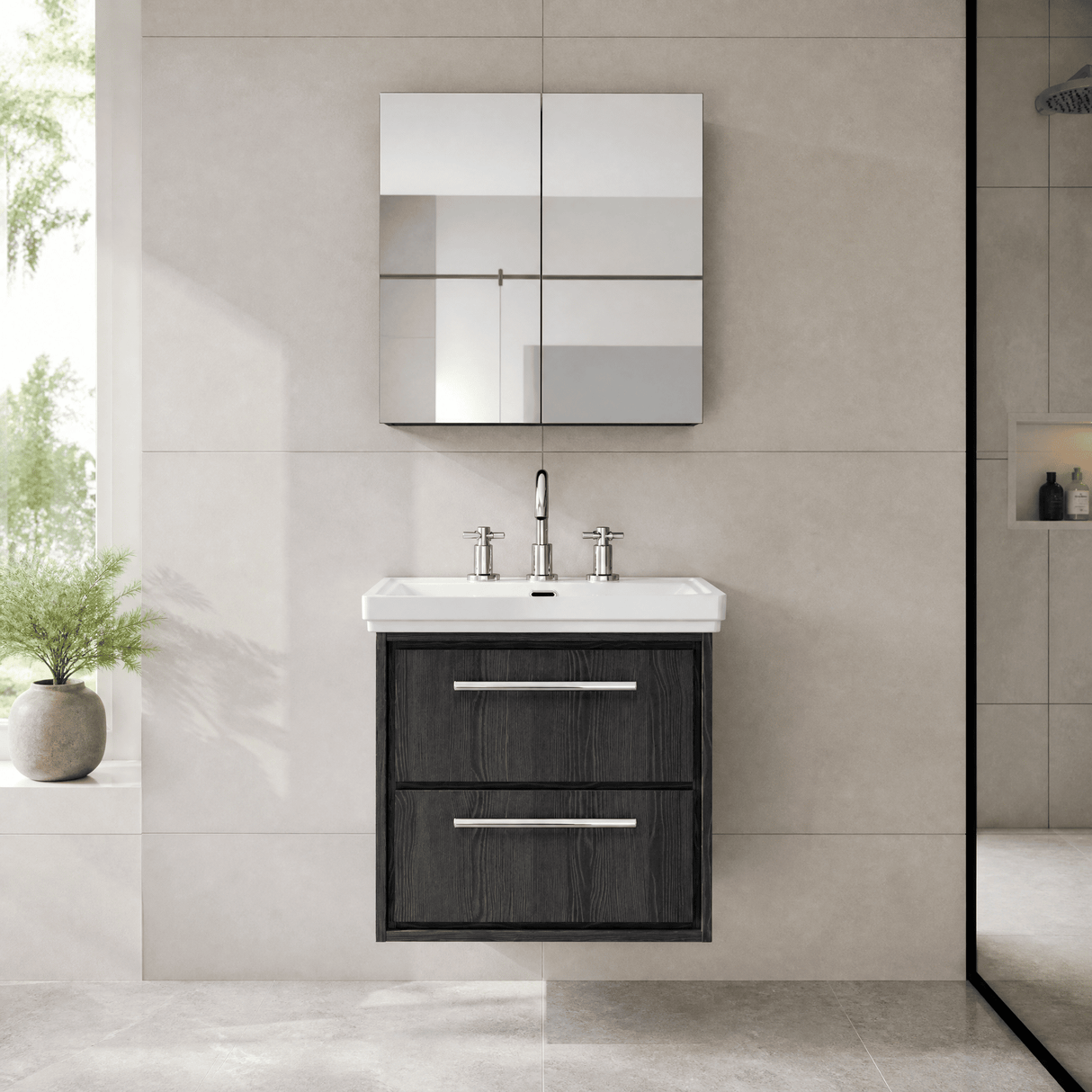 [BFIF2224B] Longnor 2 Drawer Wall Hung Vanity Unit with 3 Tap Hole Traditional Fireclay Basin - Choice of Size and Colour