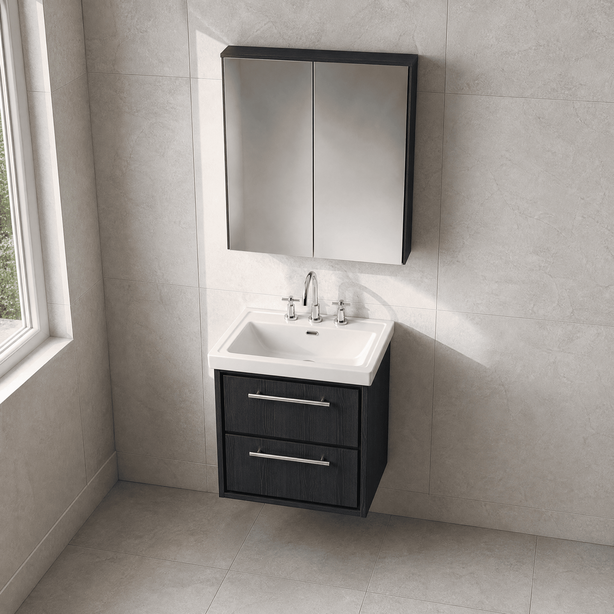 [BFIF2224B] Longnor 2 Drawer Wall Hung Vanity Unit with 3 Tap Hole Traditional Fireclay Basin - Choice of Size and Colour