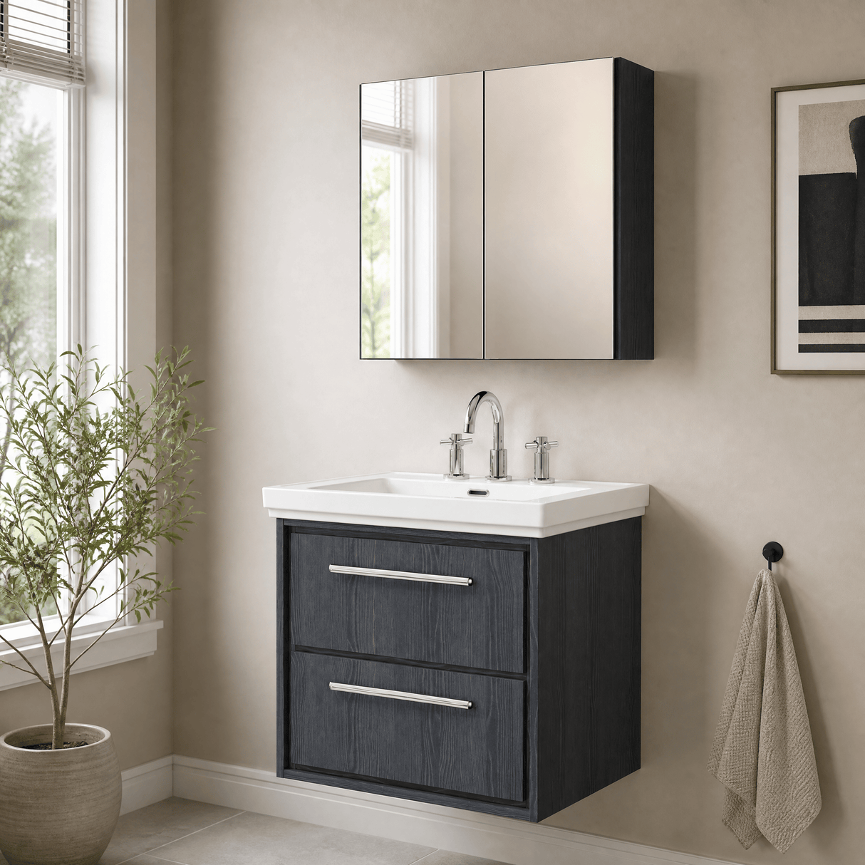 [BFIF2224B] Longnor 2 Drawer Wall Hung Vanity Unit with 3 Tap Hole Traditional Fireclay Basin - Choice of Size and Colour