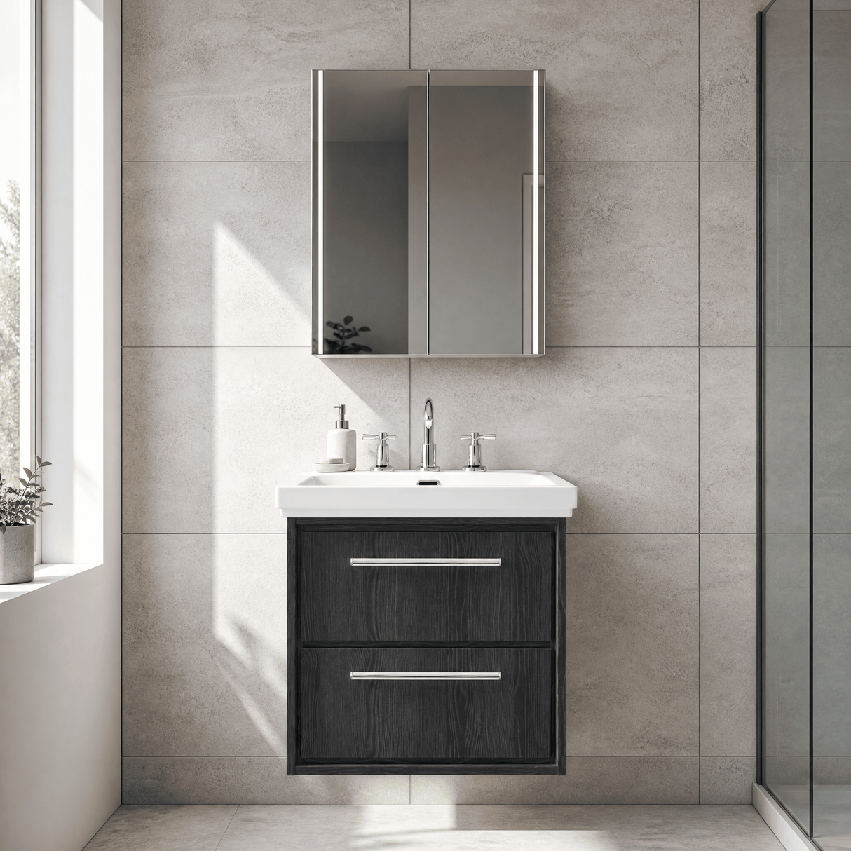 [BFIF2224B] Longnor 2 Drawer Wall Hung Vanity Unit with 3 Tap Hole Traditional Fireclay Basin - Choice of Size and Colour - Silo