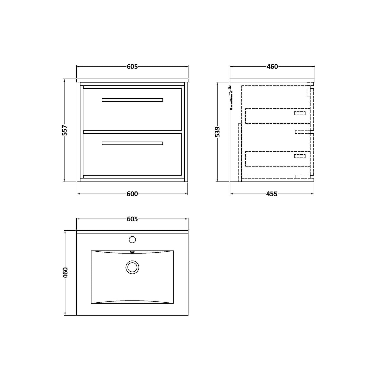 [BFIF2224C] Longnor 2 Drawer Wall Hung Vanity Unit with Minimalist Basin - Choice of Size and Colour - Technical Drawing