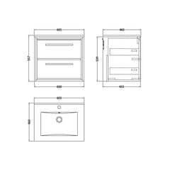 [BFIF2224C] Longnor 2 Drawer Wall Hung Vanity Unit with Minimalist Basin - Choice of Size and Colour - Technical Drawing