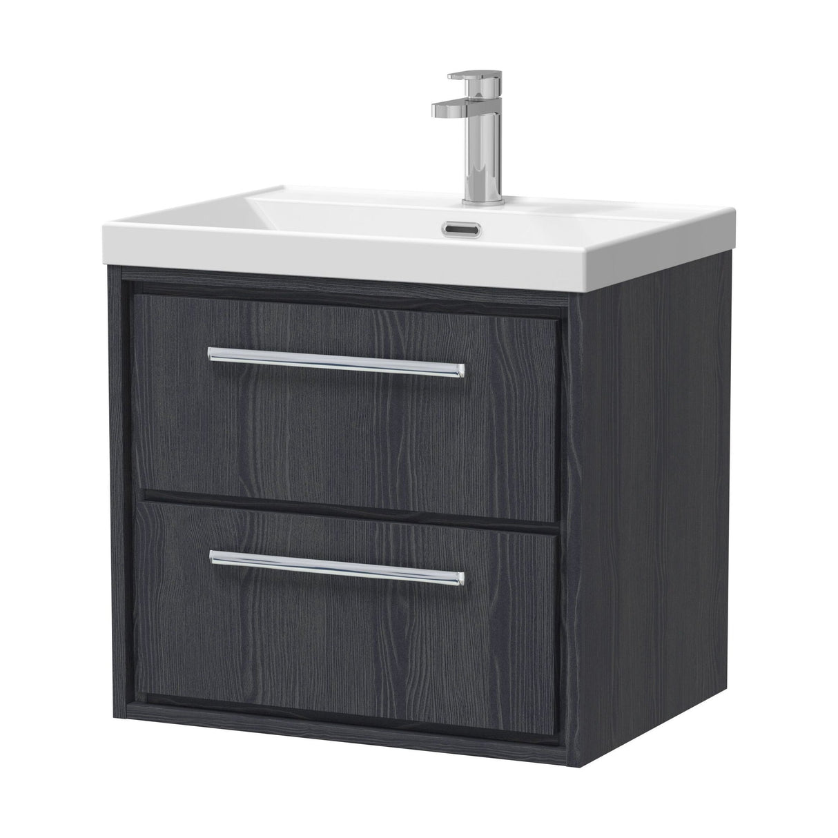 [BFIF2224E] Longnor 2 Drawer Wall Hung Vanity Unit with 1 Tap Hole Thin Edge Basin, Woodgrain Graphite Grey, 600mm - Cutout