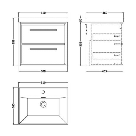 [BFIF2224E] Longnor 2 Drawer Wall Hung Vanity Unit with 1 Tap Hole Thin Edge Basin, Woodgrain Graphite Grey, 600mm - Technical Drawing