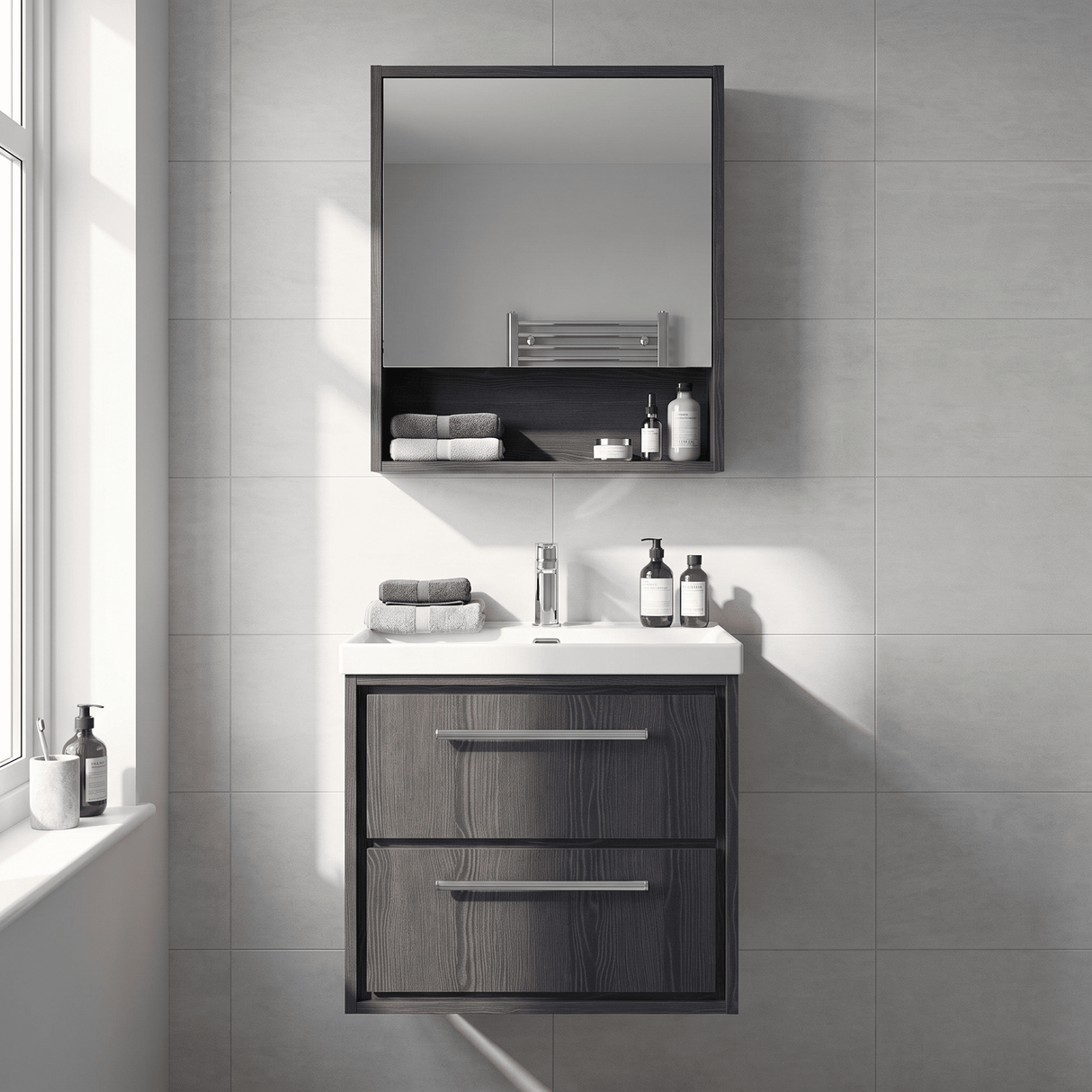 [BFIF2224E] Contemporary Longnor 2 Drawer Wall Hung Vanity Unit with 1 Tap Hole Thin Edge Basin, Choice of Size and Colour