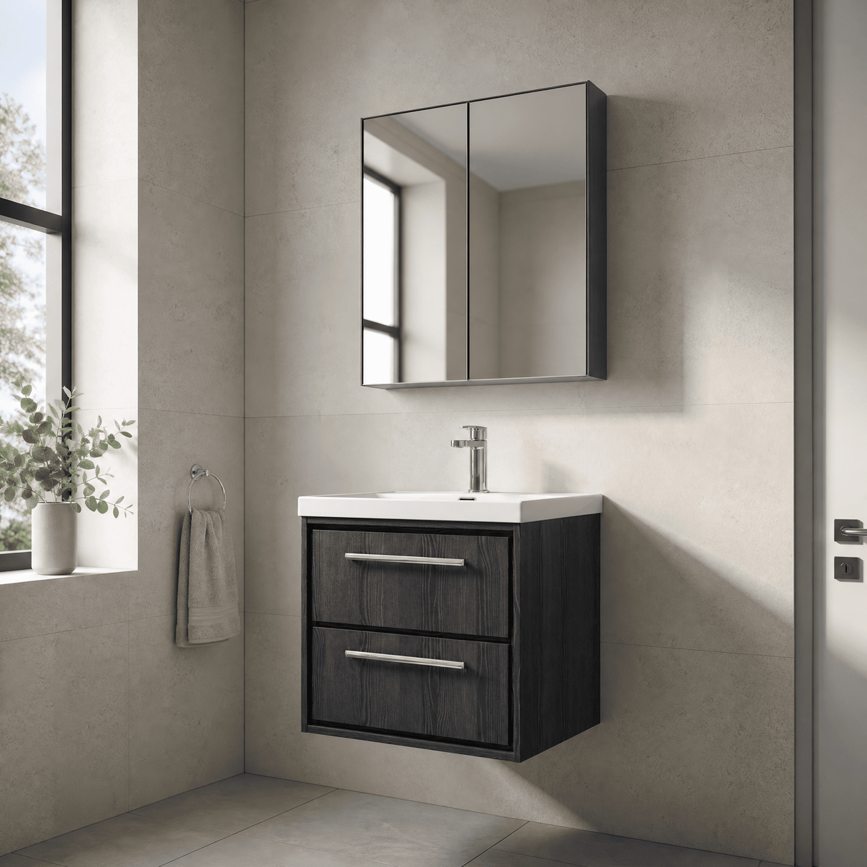 [BFIF2224E] Contemporary Longnor 2 Drawer Wall Hung Vanity Unit with 1 Tap Hole Thin Edge Basin, Choice of Size and Colour