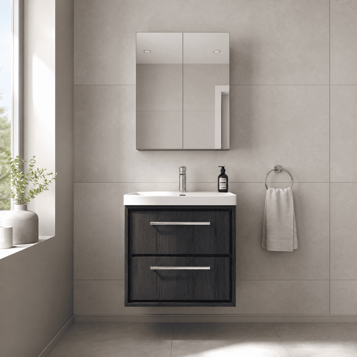 [BFIF2224E] Contemporary Longnor 2 Drawer Wall Hung Vanity Unit with 1 Tap Hole Thin Edge Basin, Choice of Size and Colour - Silo