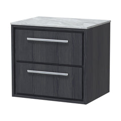 [BFIF2224GMT] Longnor 2 Drawer Wall Hung Vanity Unit with Grey Marble Worktop, Woodgrain Graphite Grey, 600mm - Cutout