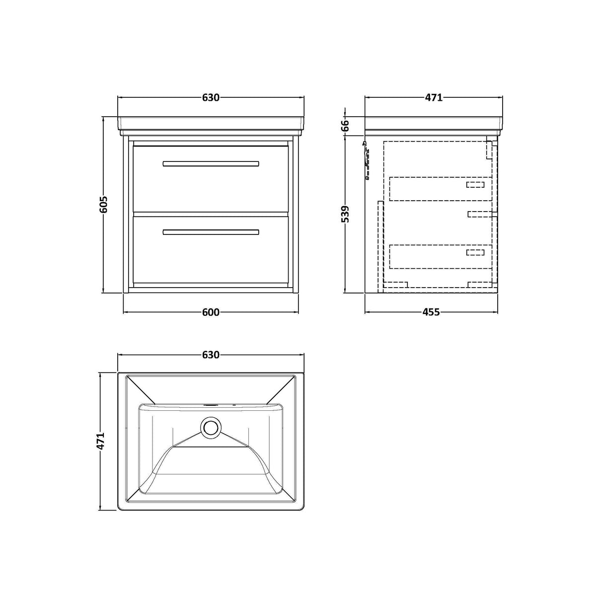 [BFIF2224H] Longnor 2 Drawer Wall Hung Vanity Unit with No Tap Hole Traditional Fireclay Basin - Choice of Size and Colour - Technical Drawing