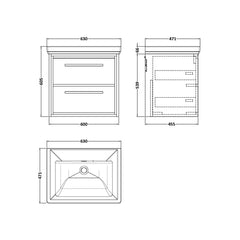 [BFIF2224H] Longnor 2 Drawer Wall Hung Vanity Unit with No Tap Hole Traditional Fireclay Basin - Choice of Size and Colour - Technical Drawing