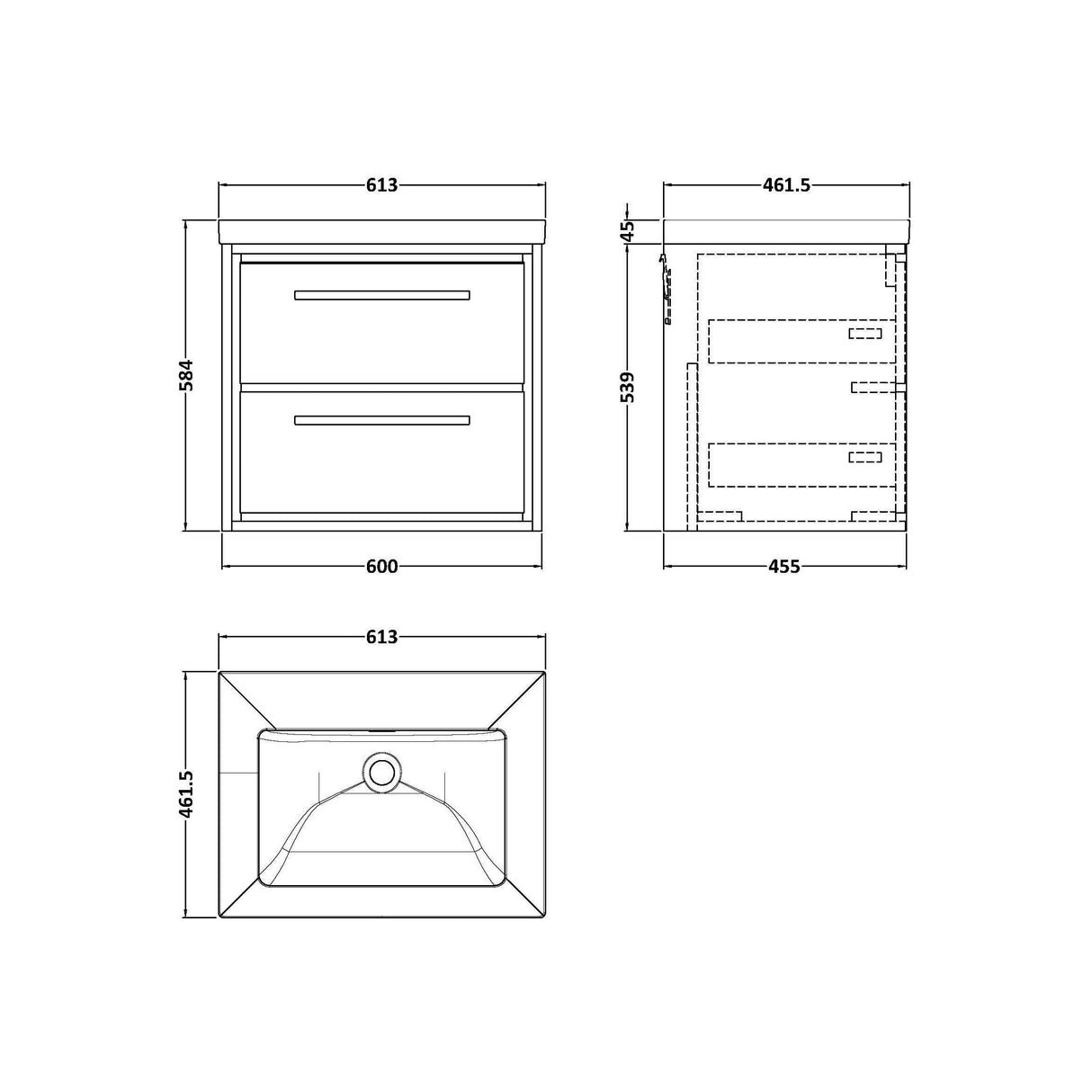 [BFIF2224K] Longnor 2 Drawer Wall Hung Vanity Unit with No Tap Hole Modern Fireclay Basin - Choice of Size and Colour - Technical Drawing