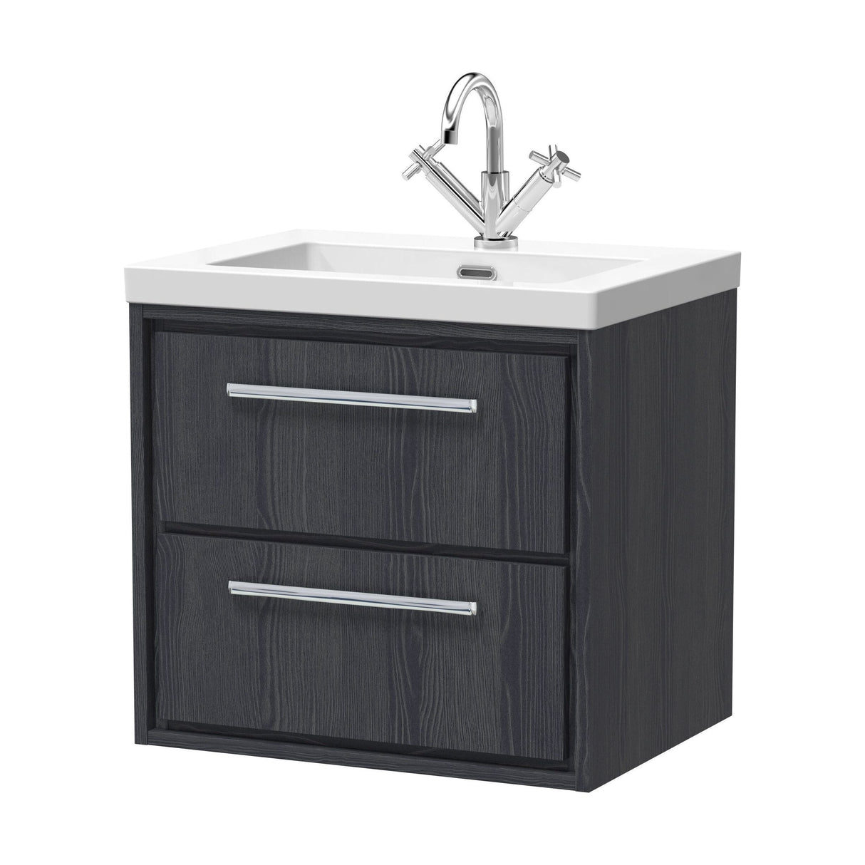 [BFIF2224L] Longnor 2 Drawer Wall Hung Vanity Unit with 1 Tap Hole Modern Fireclay Basin, Woodgrain Graphite Grey, 600mm - Cutout