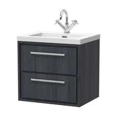 [BFIF2224L] Longnor 2 Drawer Wall Hung Vanity Unit with 1 Tap Hole Modern Fireclay Basin, Woodgrain Graphite Grey, 600mm - Cutout