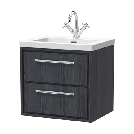 [BFIF2224L] Longnor 2 Drawer Wall Hung Vanity Unit with 1 Tap Hole Modern Fireclay Basin, Woodgrain Graphite Grey, 600mm - Cutout