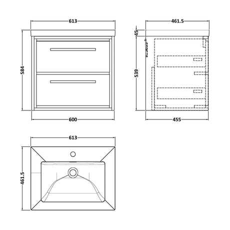 [BFIF2224L] Longnor 2 Drawer Wall Hung Vanity Unit with 1 Tap Hole Modern Fireclay Basin, Woodgrain Graphite Grey, 600mm - Technical Drawing