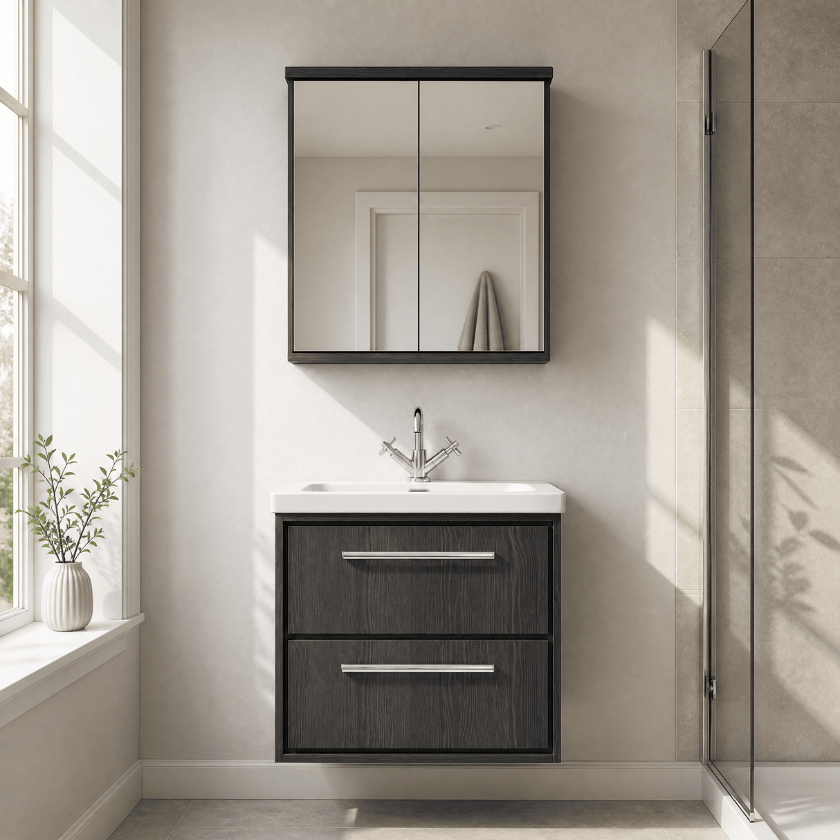 [BFIF2224L] Longnor 2 Drawer Wall Hung Vanity Unit with Modern Fireclay Basin - Choice of Size and Colour