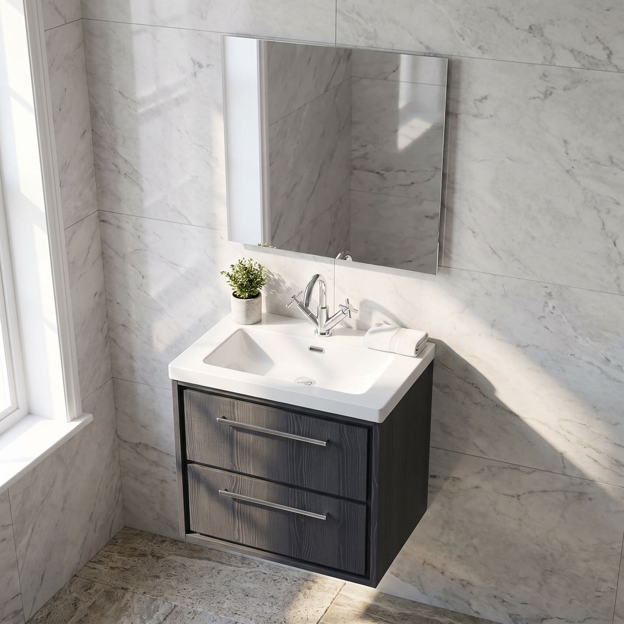 [BFIF2224L] Longnor 2 Drawer Wall Hung Vanity Unit with Modern Fireclay Basin - Choice of Size and Colour
