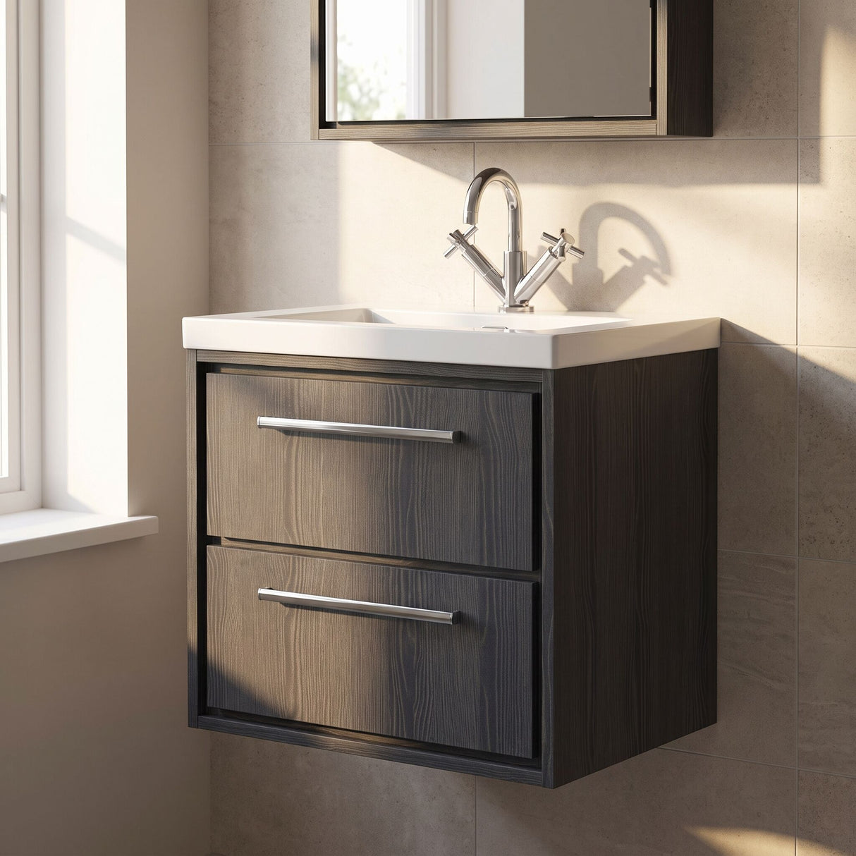 [BFIF2224L] Longnor 2 Drawer Wall Hung Vanity Unit with Modern Fireclay Basin - Choice of Size and Colour
