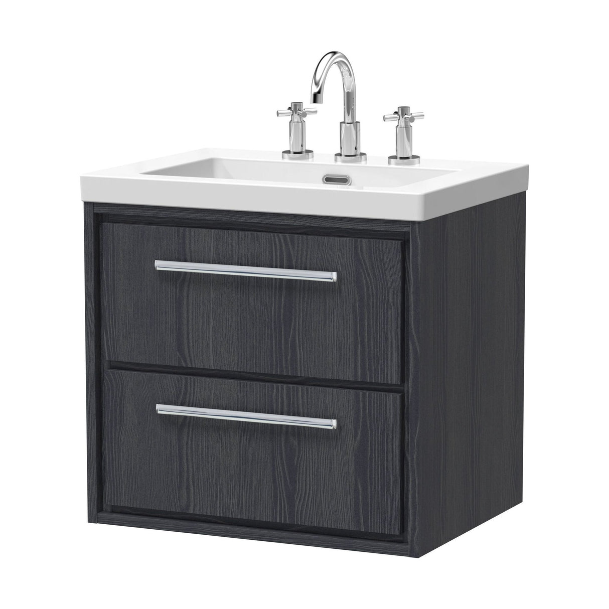 [BFIF2224M] Longnor 2 Drawer Wall Hung Vanity Unit with 3 Tap Hole Modern Fireclay Basin, Woodgrain Graphite Grey, 600mm - Cutout