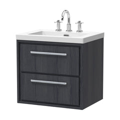 [BFIF2224M] Longnor 2 Drawer Wall Hung Vanity Unit with 3 Tap Hole Modern Fireclay Basin, Woodgrain Graphite Grey, 600mm - Cutout