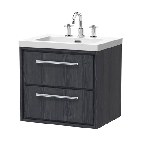 [BFIF2224M] Longnor 2 Drawer Wall Hung Vanity Unit with 3 Tap Hole Modern Fireclay Basin, Woodgrain Graphite Grey, 600mm - Cutout