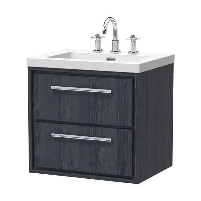 [BFIF2224M] Longnor 2 Drawer Wall Hung Vanity Unit with 3 Tap Hole Modern Fireclay Basin, Woodgrain Graphite Grey, 600mm - Cutout