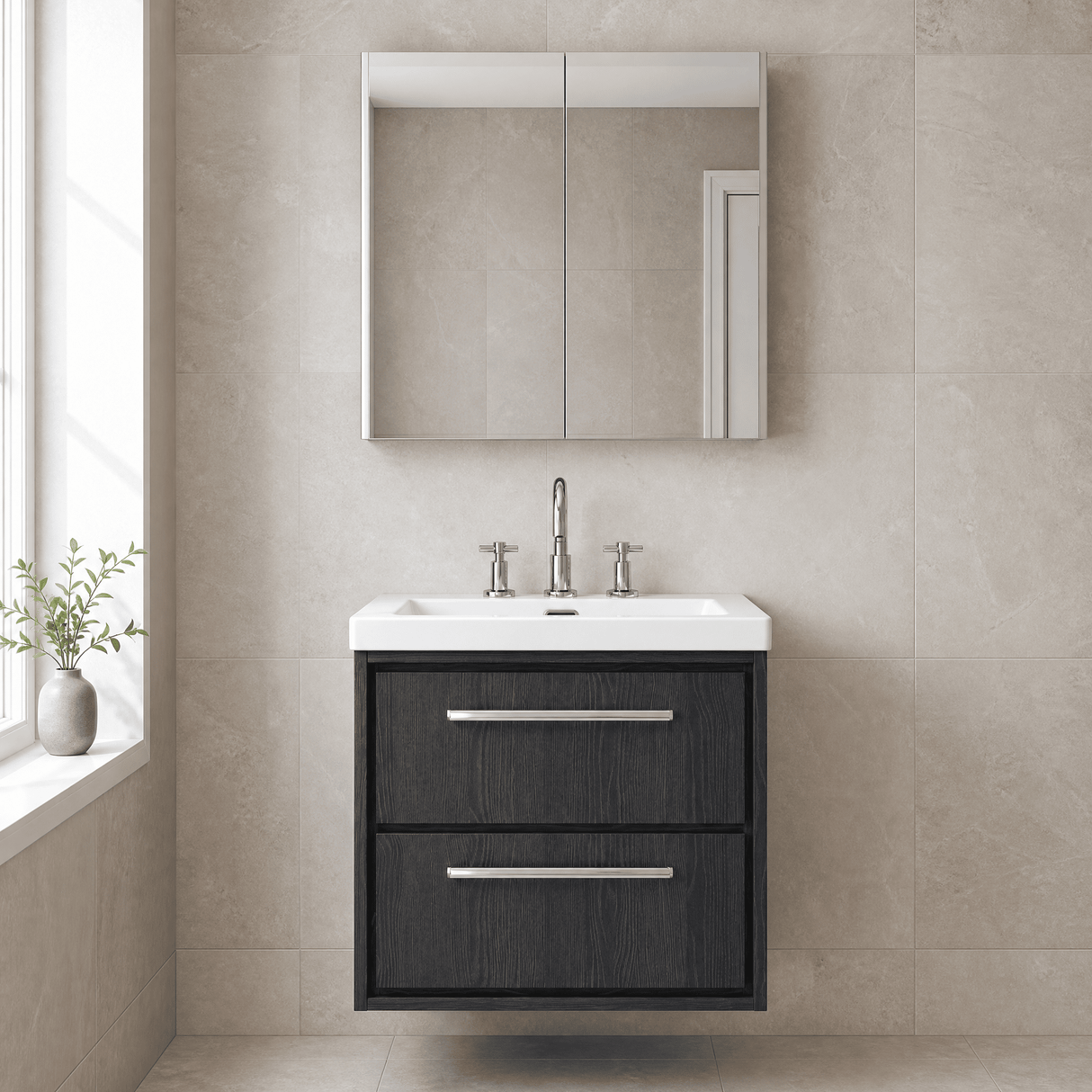 [BFIF2224M] Longnor 2 Drawer Wall Hung Vanity Unit with 3 Tap Hole Modern Fireclay Basin - Choice of Size and Colour