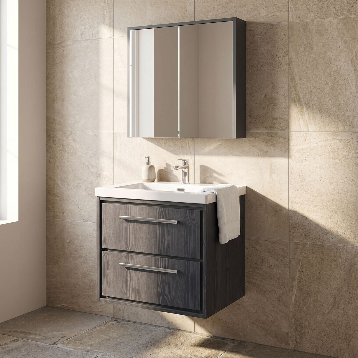 [BFIF2224M] Longnor 2 Drawer Wall Hung Vanity Unit with 3 Tap Hole Modern Fireclay Basin - Choice of Size and Colour