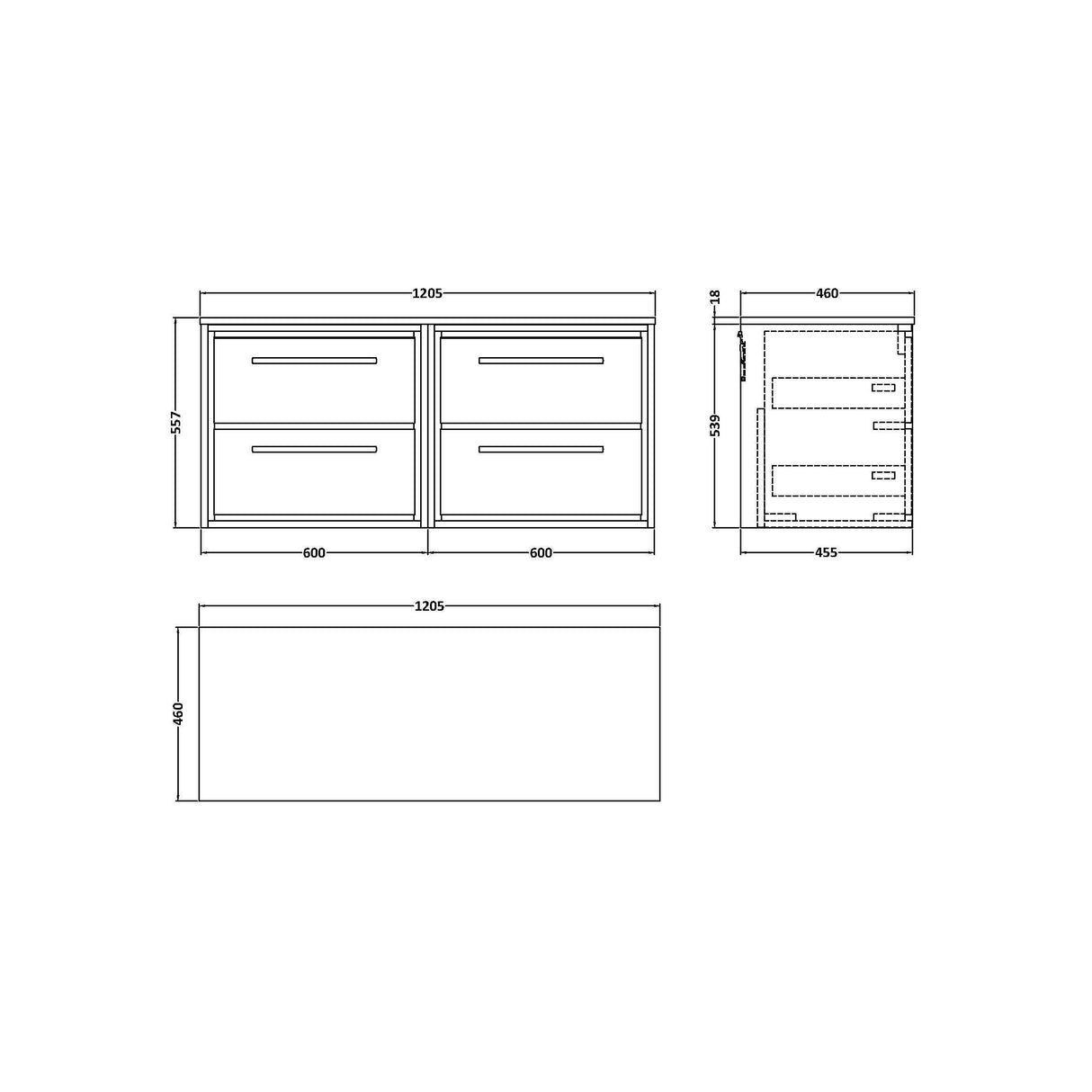 [BFIF2224W2] Longnor 4 Drawer Wall Hung Vanity Unit with Worktop - Choice of Colour - Technical Drawing