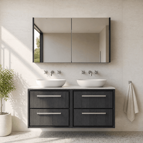 [BFIF2224WMT2] Contemporary Longnor 4 Drawer Wall Hung Vanity Unit with White Marble Worktop, 1200mm, Choice of Colour - Silo