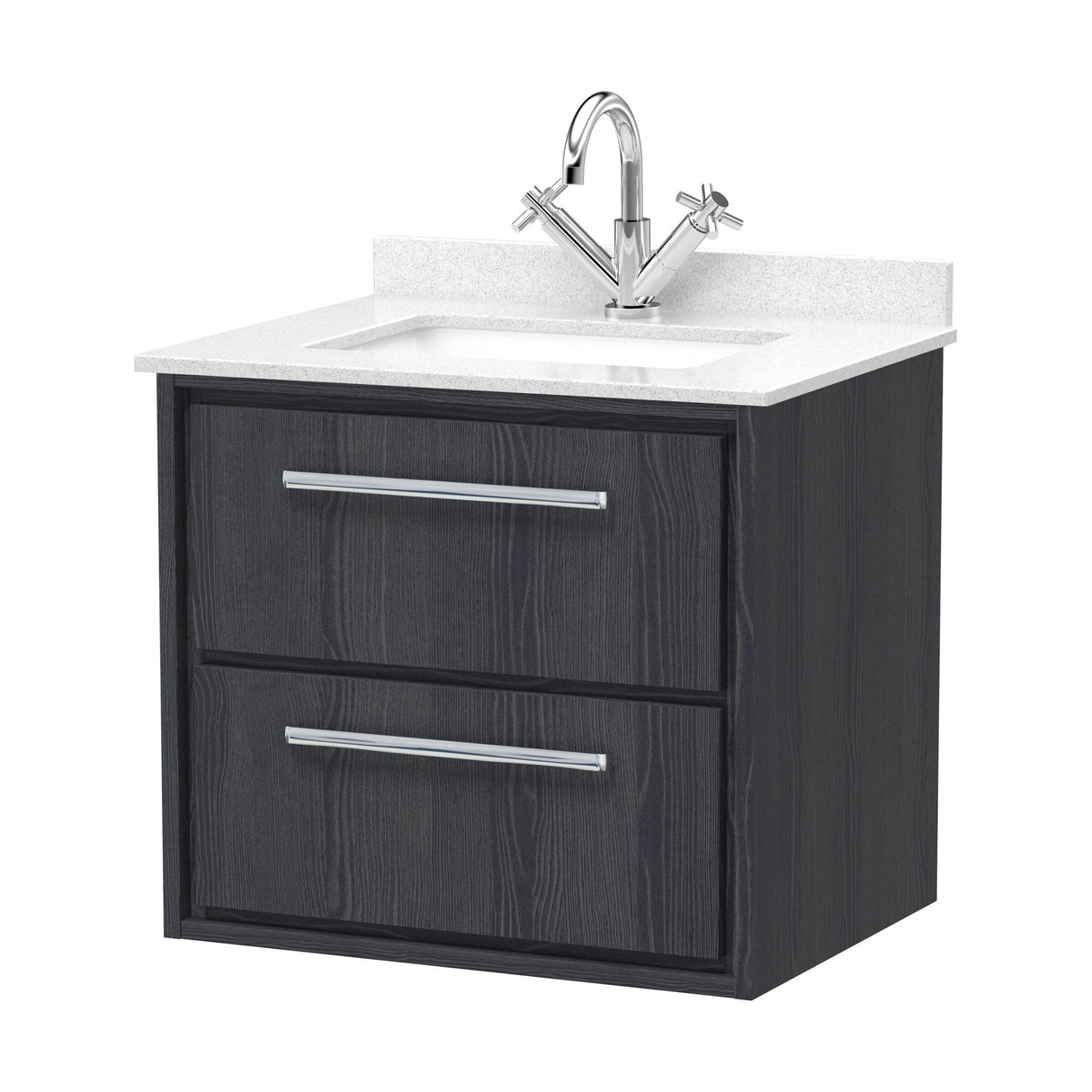[BFIF2224WS1] Longnor 2 Drawer Wall Hung Vanity Unit with Square Basin and Marble Worktop, Woodgrain Graphite Grey, 600mm - Cutout