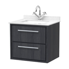 [BFIF2224WS1] Longnor 2 Drawer Wall Hung Vanity Unit with Square Basin and Marble Worktop, Woodgrain Graphite Grey, 600mm - Cutout