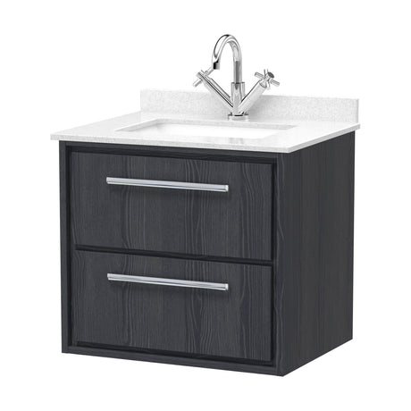 [BFIF2224WS1] Longnor 2 Drawer Wall Hung Vanity Unit with Square Basin and Marble Worktop, Woodgrain Graphite Grey, 600mm - Cutout