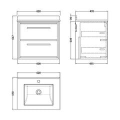 [BFIF2224WS1] Longnor 2 Drawer Wall Hung Vanity Unit with Square Basin and Marble Worktop, Woodgrain Graphite Grey, 600mm - Technical Drawing