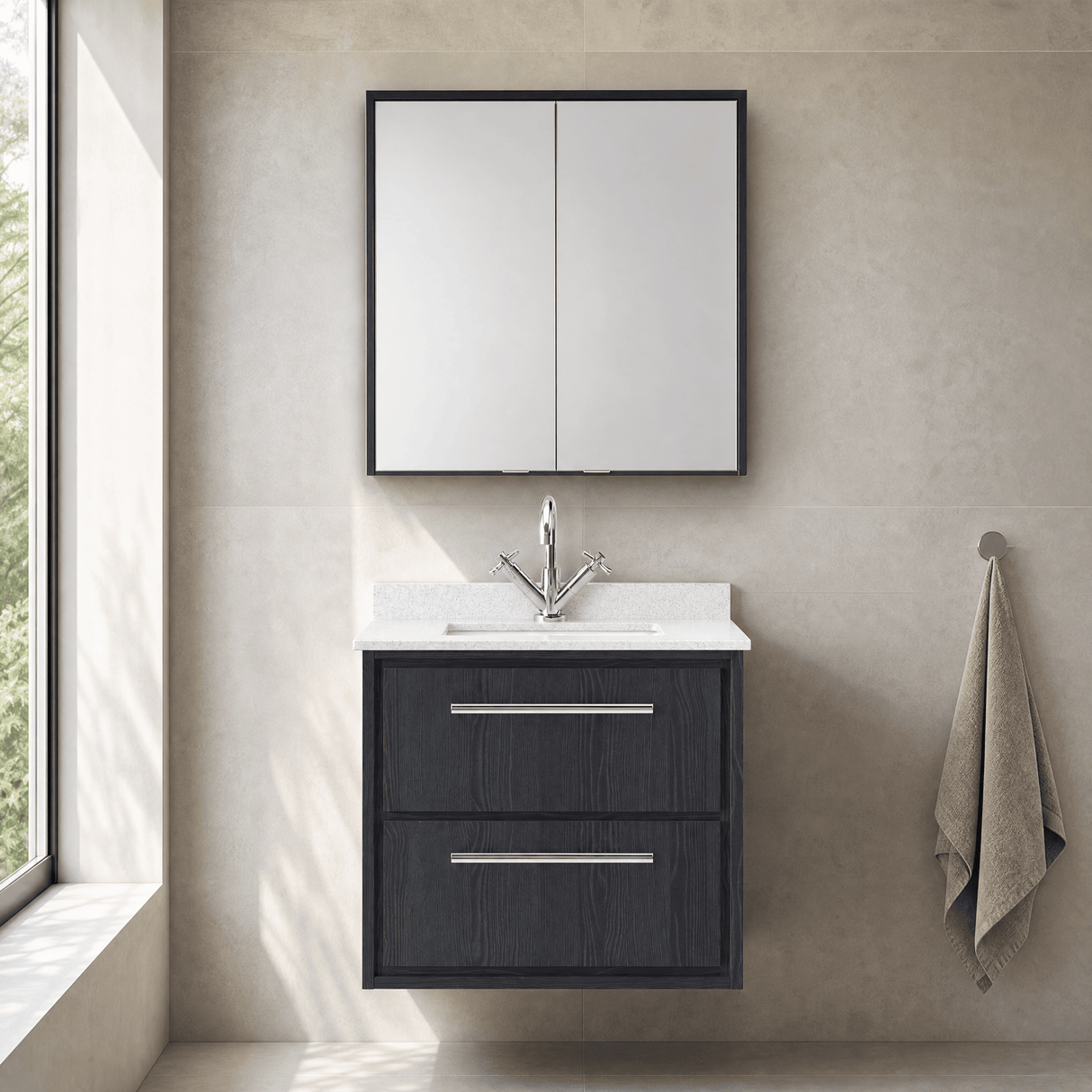 [BFIF2224WS1] Longnor 2 Drawer Wall Hung Vanity Unit with Square Basin and Marble Worktop - Choice of Size and Colour