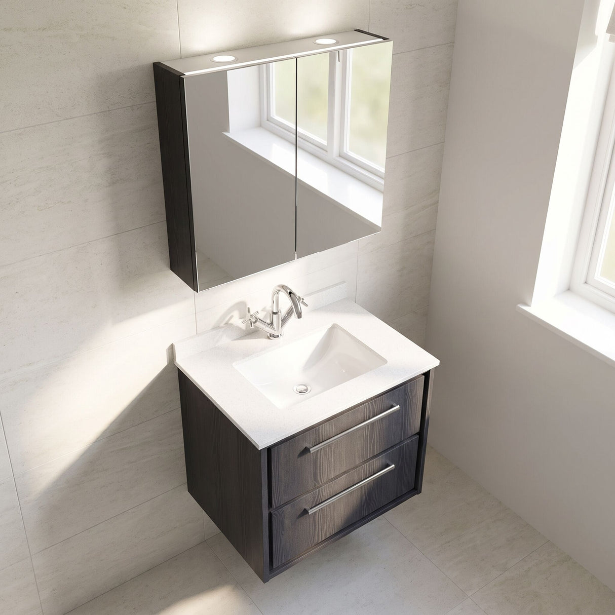 [BFIF2224WS1] Longnor 2 Drawer Wall Hung Vanity Unit with Square Basin and Marble Worktop - Choice of Size and Colour