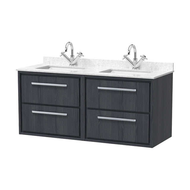 [BFIF2224WS2] Longnor 4 Drawer Wall Hung Vanity Unit with Square Basin and Marble Worktop, Woodgrain Graphite Grey, 1200mm - Cutout