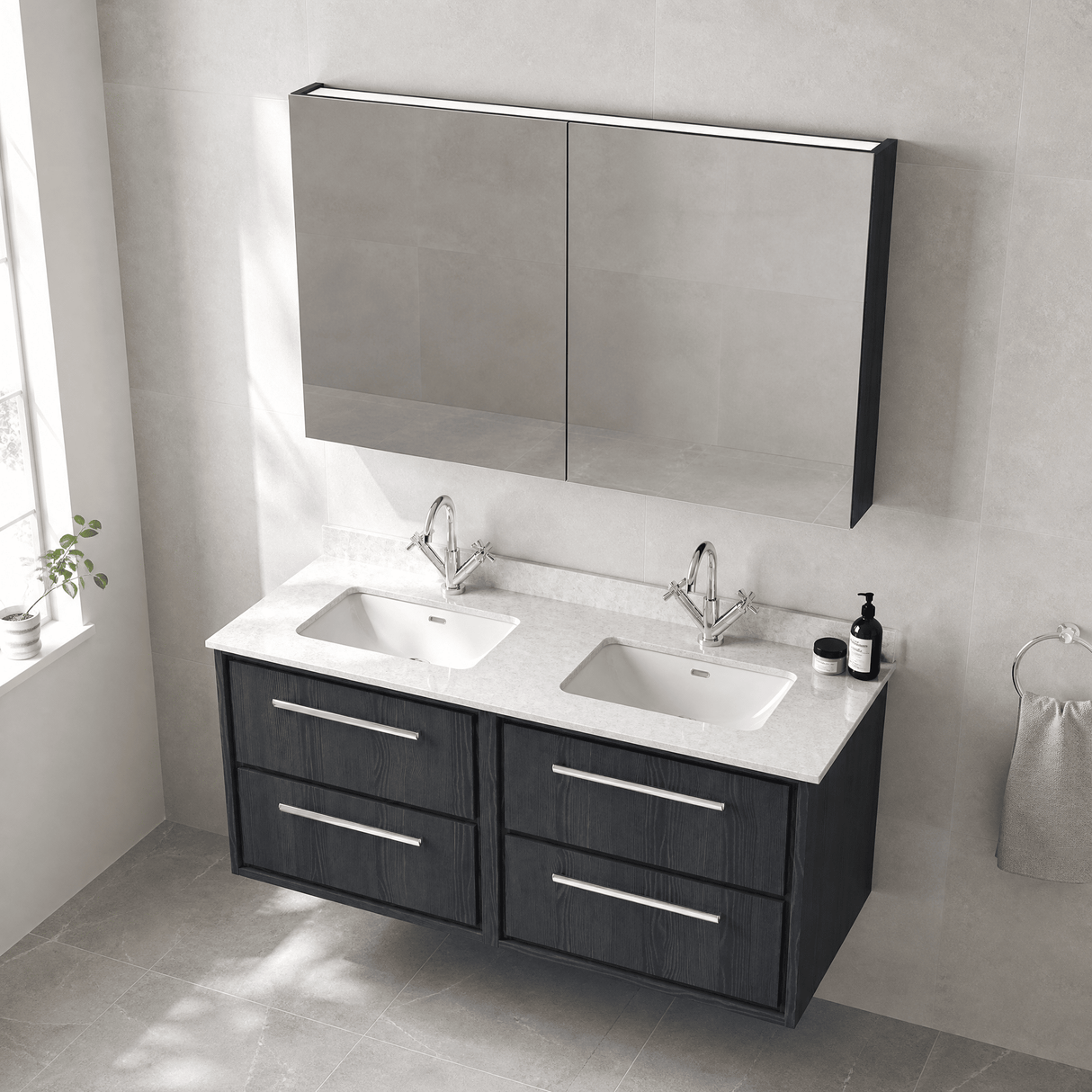 [BFIF2224WS2] Longnor 4 Drawer Wall Hung Vanity Unit with Square Basin and Marble Worktop, 1200mm, Choice of Colour