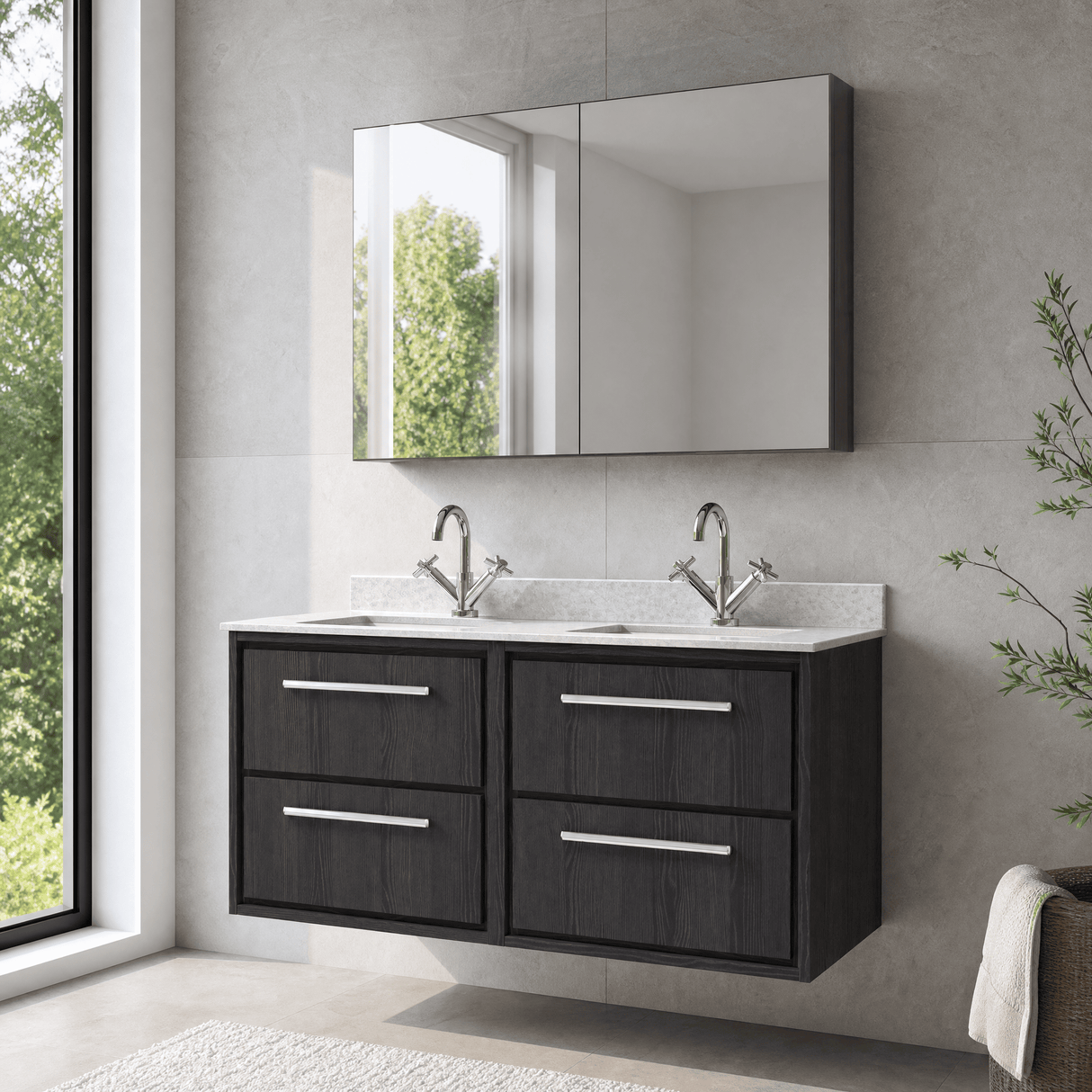 [BFIF2224WS2] Longnor 4 Drawer Wall Hung Vanity Unit with Square Basin and Marble Worktop, 1200mm, Choice of Colour