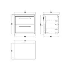[BFIF2224W] Longnor 2 Drawer Wall Hung Vanity Unit with Worktop - Choice of Size and Colour - Technical Drawing